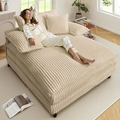 Vista 12 de WESTSETLUX Tumbona extragrande de 54.8 pulgadas de ancho para interiores con respaldo ajustable de 5 posiciones, sofá cama de pana con 3 almohadas