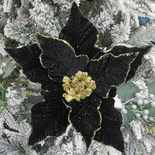 Vista 7 de SHACOS 10 piezas de 9.8 pulgadas de flores de Pascua grandes con purpurina para tallos de tela de terciopelo, flores florales, flores de Navidad