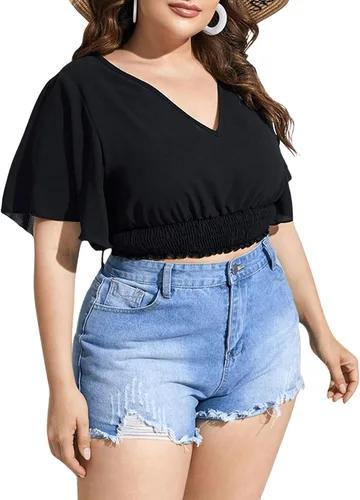 Vista 4 de SOLY HUX Women's Plus Size V Neck Butterfly Short Sleeve Shirred Crop Top Blouse