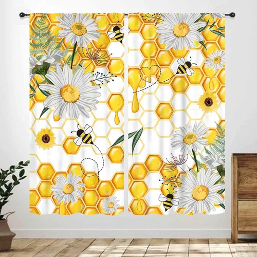 Vista 8 de Cortinas infantiles de abejas, cortinas de campo de primavera de acuarela de girasoles florales de nido de abeja, adorables abejas, cortinas