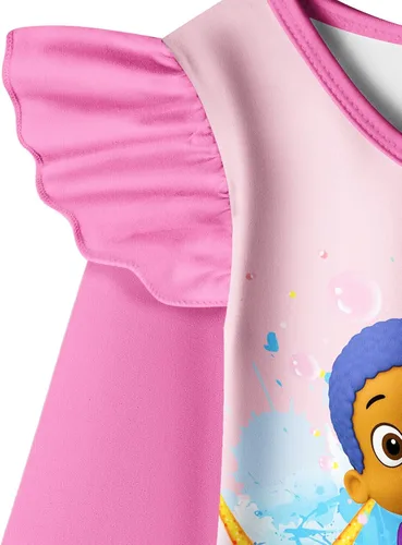 Vista 4 de Vestido de dibujos animados de burbujas para niñas pequeñas vestidos con estampado Guppy para niños vestido camisero de 3 a 6 años