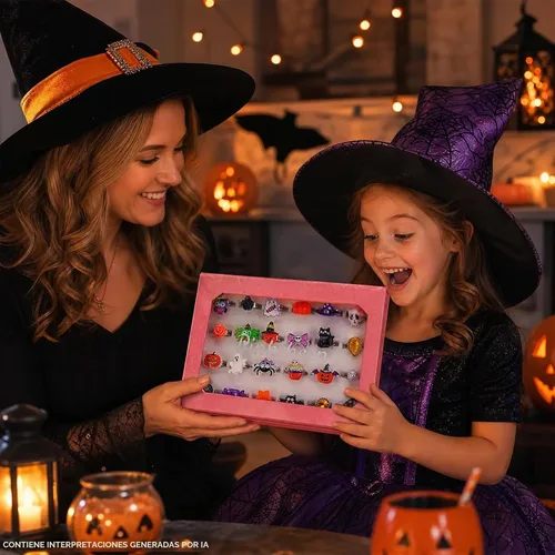 Vista 6 de PinkSheep Anillos de joyería para niña pequeña en caja, 24 encantadores Anillo de Halloween
