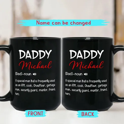 Vista 2 de Taza de café negra con nombre personalizado de 11 onzas, 15 onzas, taza de café con definición de papá para papá, regalo para papá nuevo, taza