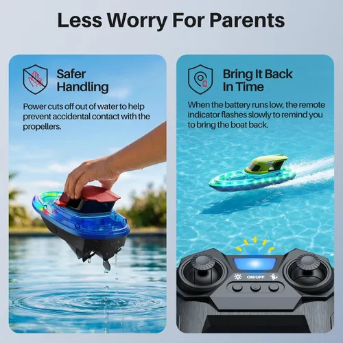Vista 13 de SYMA Paquete de 2 barcos RC para niños, barcos de control remoto para piscina, luz LED de 7 modos y rociador de agua, hasta 40 minutos en total