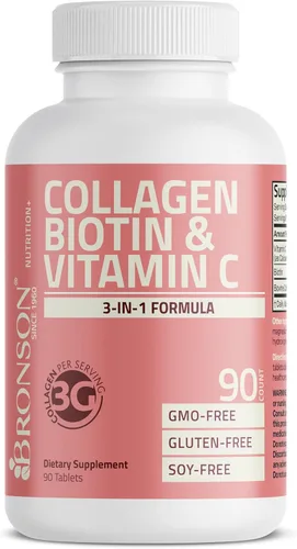 Vista 5 de Bronson Péptidos de colágeno 3000mg (por porción) con biotina y vitamina C - para el apoyo del cabello, la piel y las uñas, sin OGM, 90 tabletas