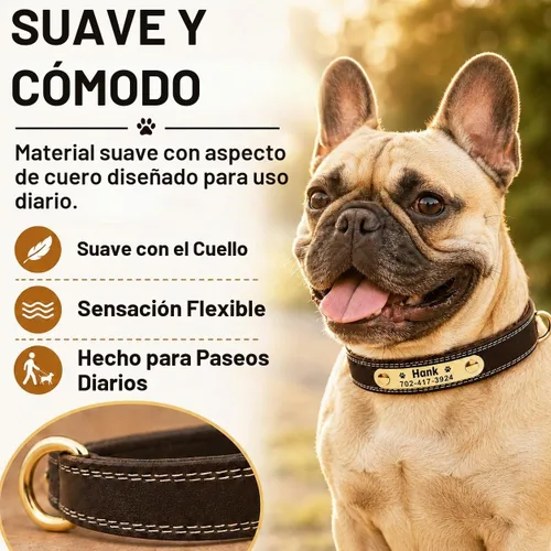 Vista 5 de Collar de cuero para perro personalizado con placa de nombre grabable - Collar con etiqueta de identificación duradera - Collar para perro