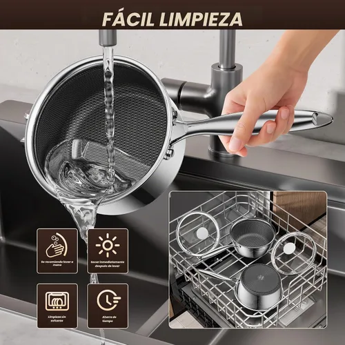Vista 4 de Cacerola de acero inoxidable de 1 cuarto de galón con tapa de vidrio, sartén antiadherente híbrida de 6 pulgadas, sin PFAS PFOA PTFE, mango que se