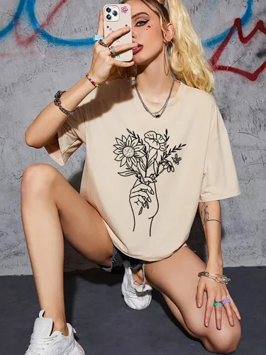 Vista 4 de SOLY HUX Camiseta casual de media manga con estampado floral para mujer
