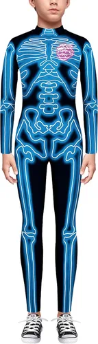 Vista 3 de ALUWU Disfraz de esqueleto de Halloween para niños, overol con estampado 3D para niño y niña, overol azul para cosplay, talla 11 a 12 años