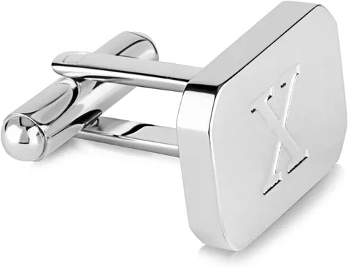 Vista 2 de 18K White-Gold Plated Initial Engraved Stainless Steel Mens Cufflinks With Gift Box -Personalized Alphabet Letters A-Z By Lux & Pair