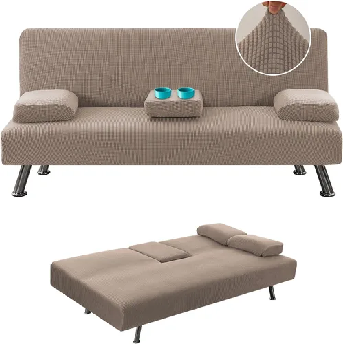 Vista 11 de LiveGo Funda para futón, 4 piezas, elásticas, para futón, sofá cama, con reposabrazos extraíbles y portavasos, protector de muebles, tela jacquard