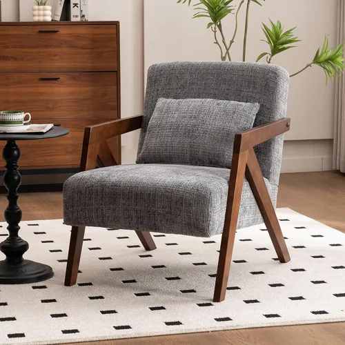 Vista 10 de Silla con acento moderno de mediados de siglo con marco de madera maciza, sillas tapizadas de chenilla para sala de estar con cojín para dormitorio