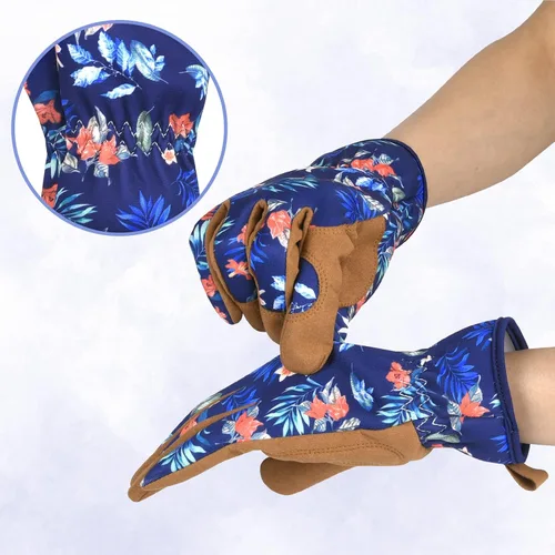 Vista 5 de Guantes de jardinería para mujeres, guantes de cuero para trabajo en jardín, a prueba de espinas, sin perforación, para cavar, plantar y podar