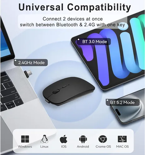 Vista 6 de Mouse inalámbrico para MacBook Air iMac Mac Pro Laptop Computer, Mouse inalámbrico silencioso recargable USB C con Jiggler para Surface Pro