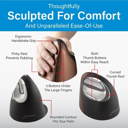 Vista 5 de Evoluent – Inventor de El Ratón Vertical – VM4SW Ratón Vertical Ergonómico Diestro Pequeño Inalámbrico USB, Esculpido para la Comodidad, Reduce