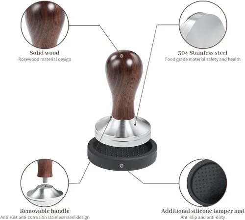 Vista 2 de Prensa de café espresso con alfombrilla de prensa 304 de acero inoxidable, base plana, mango de madera para molido de café, accesorio para máquinas