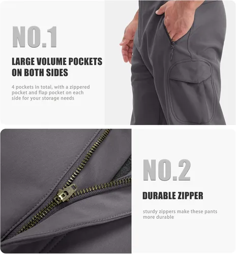 Vista 5 de MAGCOMSEN - Pantalones de invierno para hombre, impermeables, con forro polar pantalones tácticos softshell, para snowboard, esquí, con bolsillos