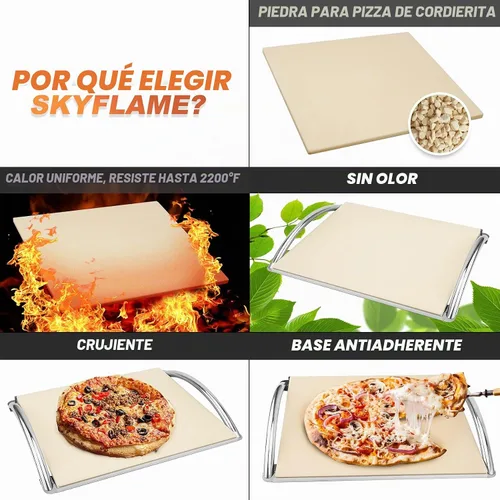 Vista 3 de Skyflame Piedra de pizza de cordierita de 16 pulgadas con estante y mango de acero inoxidable extraíble, piedra de hornear resistente para parrillas