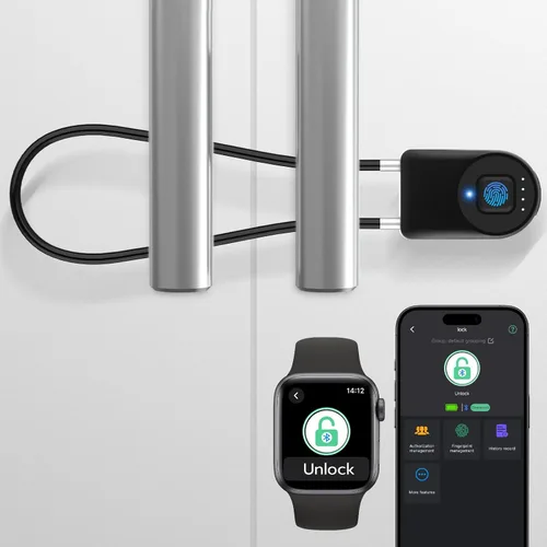 Vista 11 de eLinkSmart - Cerradura de cable de huellas dactilares, cerraduras para nevera con control de aplicación Bluetooth, candado inteligente biométrico