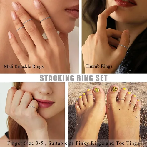 Vista 4 de LOYALLOOK 3 anillos midi de acero inoxidable de 0.039 pulgadas para mujer, con banda lisa, apilables, ajuste cómodo, color platadoradorosa, Acero