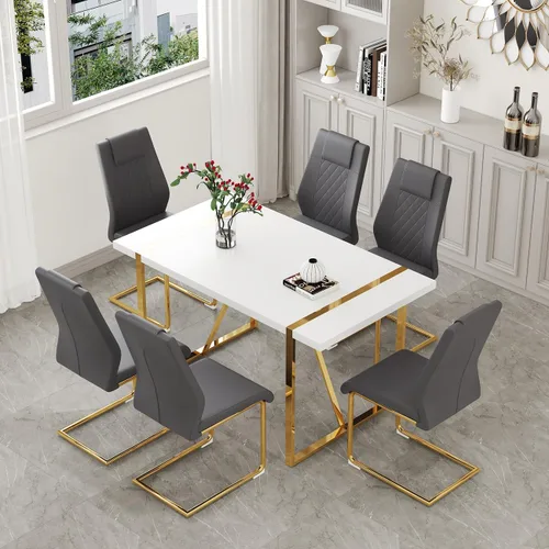 Vista 22 de Juego de mesa de comedor moderna de 55 pulgadas para 4, mesa de comedor negra y marco de metal dorado, mesa de comedor rectangular con 4 sillas