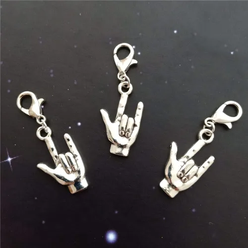 Vista 2 de 3 piezas I Love You Clip on Charm Zipper Pull, ASL Charm, Gesture Hand Pendant, Color Plata Antiguo