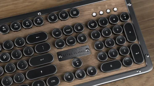 Vista 8 de Azio Retro Classic Bluetooth (Elwood) - Teclado mecánico retroiluminado inalámbrico/USB con cable de madera de nogal vintage para PC/Mac, madera
