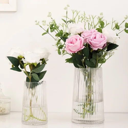 Vista 20 de Jarrón de vidrio ámbar para flores, florero para ramo, jarrones de vidrio modernos, jarrones acanalados para sala de estar, dormitorio, mesa