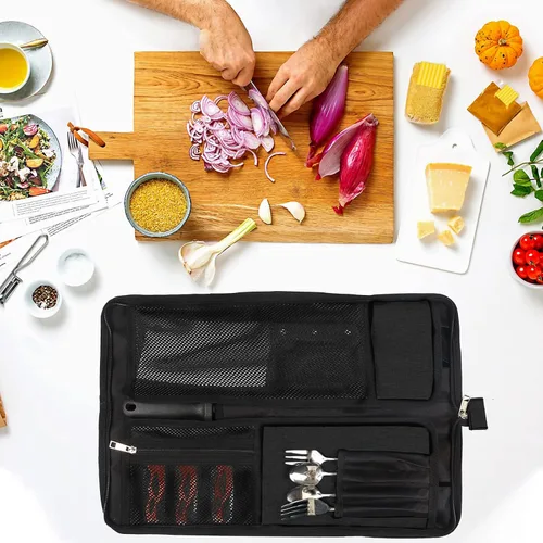 Vista 7 de Bolsa de rollo para cuchillos de chef, bolsa de cuchillo de chef Oxford resistente, estuche portátil para cuchillos de chef de 13 ranuras