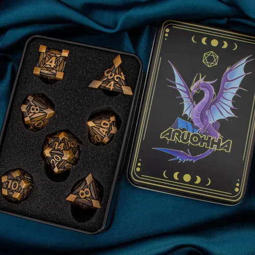 Vista 6 de ARUOHHA DND - Juego de dados de metal con caja de regalo, 7 piezas de dados poliédricos de oro antiguo, juego de rol hecho a mano de 6 caras D y D