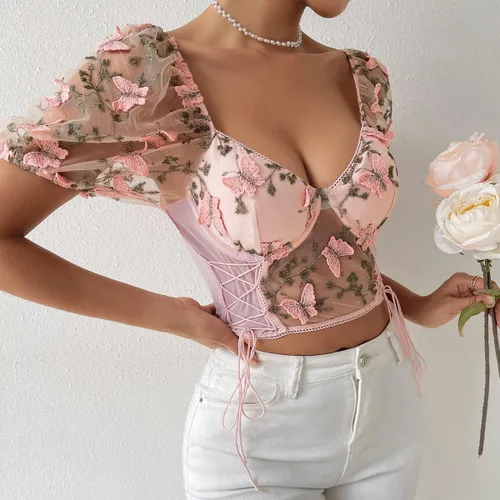 Vista 3 de Swbreety Camiseta de manga abombada bordada floral para mujer, ajustada, corsé corto, sexy, bustier