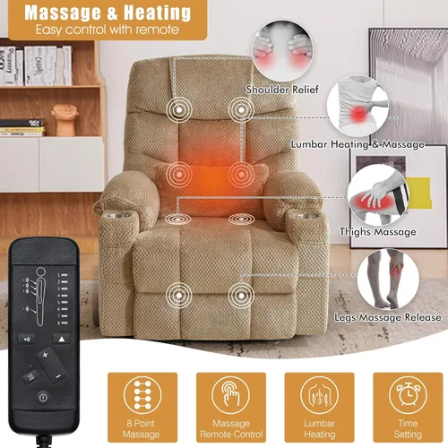 Vista 5 de CDCASA Silla Reclinable de Elevación Eléctrica de Gran Tamaño con Doble Motor que se Recuesta Completamente con Masaje, Calefacción, Textil