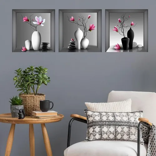 Vista 4 de Calcomanías de pared de jarrón 3D, calcomanías de pared de flores estéreo, decoración floral creativa, decoración de pared extraíble, murales