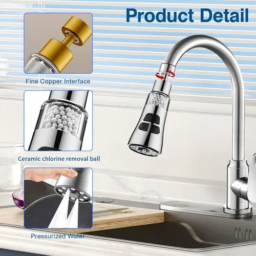 Vista 3 de Grifo de filtro de agua para fregadero, juego de filtro giratorio de 360° con 6 accesorios, extensor de rociador de 3 modos, purificador para quitar