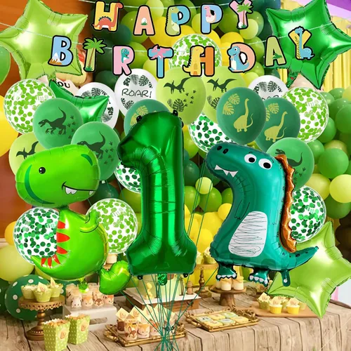 Vista 3 de VHUWE Decoración de dinosaurio para fiesta de primer cumpleaños, 38 Decoración de fiesta de primer dinosaurio