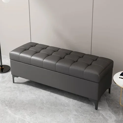 Vista 17 de Tufted Leather Storage Bench End of Bed Upholstered Entryway Ottoman Chest Café claro
