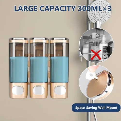 Vista 4 de Dispensador de champú y acondicionador 3 en 1 para montaje en pared, dispensador de champú de 3 cámaras, gran capacidad, sin perforar, dispensador