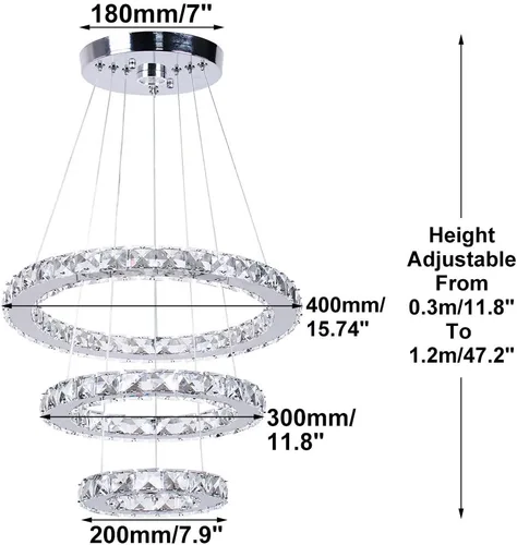 Vista 6 de Lámparas de araña LED de cristal, lámpara colgante moderna para comedor, lámpara de techo ajustable con 3 anillos, de acero inoxidable, blanco frío