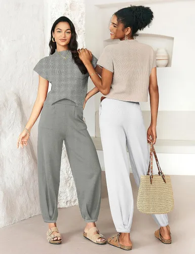 Vista 3 de MEROKEETY Conjunto de dos piezas para mujer, suéter de punto, sin botones, pantalones de cintura alta, conjunto de chándal