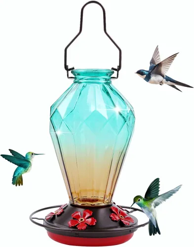 Vista 12 de Paquete de 2 comederos de vidrio para colibríes para colgar al aire libre, alimentador de néctar de colibríes de 25 onzas, perca, 5 puertos