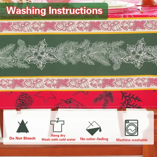 Vista 4 de SASTYBALE - Mantel navideño rectangular de 52x70 pulgadas, con diseño vintage de Flor de Pascua y acebo, resistente a las arrugas, para cenas