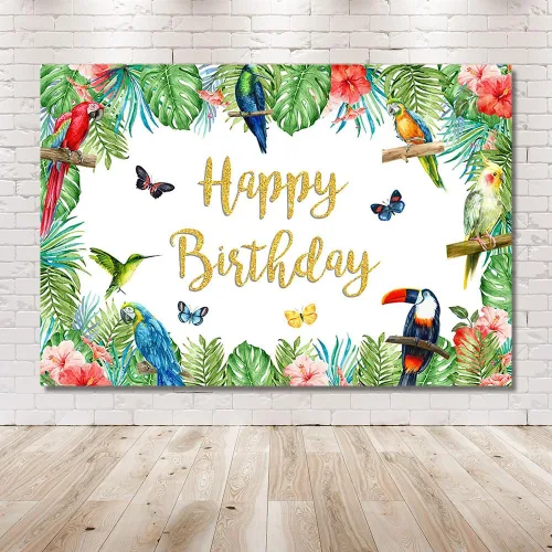 Vista 6 de MEHOFOND Telón de fondo de cumpleaños de pájaro tropical, tucán de verano, hojas de palma, purpurina dorada, pancarta de feliz cumpleaños, fondo