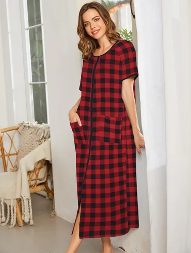 Vista 4 de Ekouaer Bata de mujer con cremallera frontal, manga corta, longitud completa, con bolsillos, tallas S-4XL