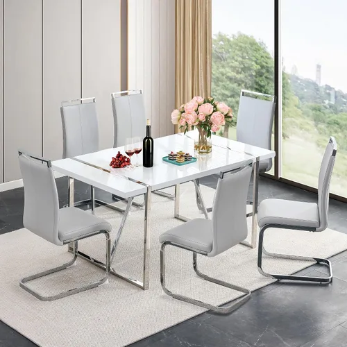 Vista 11 de Juego de mesa de comedor para 4, juego de mesa de cocina moderno con 4 patas de metal tapizadas, juego de mesa de comedor blanco para 4 personas