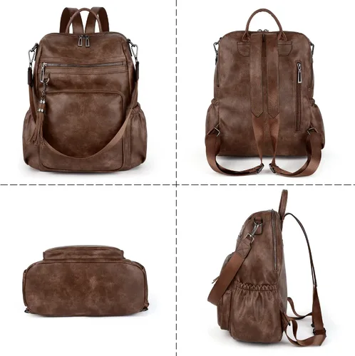 Vista 5 de UTO Mochila de cuero vegano para mujer, diseño de moda, convertible con borla, para viajes, con borla