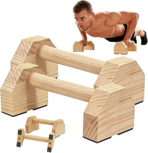 Vista 9 de Soporte de flexión, 2 barras de madera para flexiones, base antideslizante, equipo de entrenamiento en casa, paraletas de madera, soporte de mango