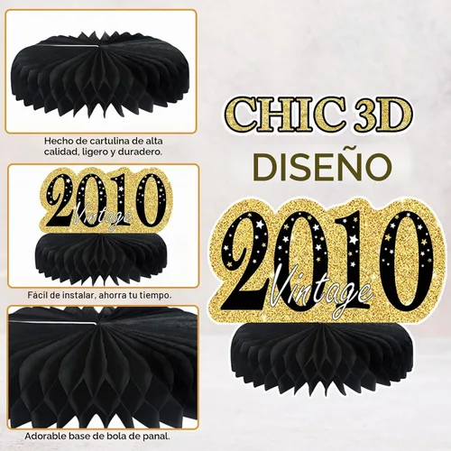 Vista 3 de 9 piezas de decoración de cumpleaños negro dorado 16 centros de mesa de panal para niños y niñas, centros de mesa de feliz cumpleaños 16 Oro negro 16