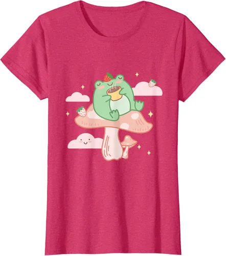 Vista 10 de Kawaii Strawberry Frog On Mushroom - Camiseta de manga corta de anime, Azul / Patchwork, S Azul Pastel