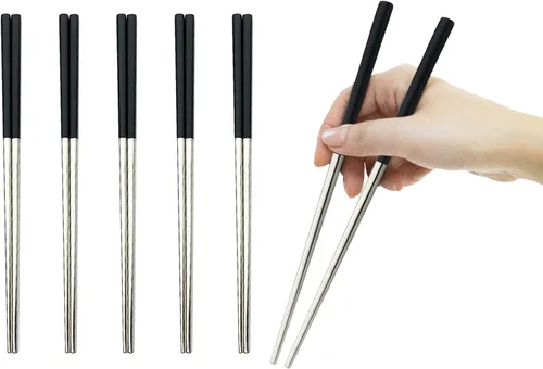 Vista 11 de JASHII 5 pares de palillos de acero inoxidable 304, palillos reutilizables, palillos de metal ligeros para fideos de sushi, 9 pulgadas (negro dorado)