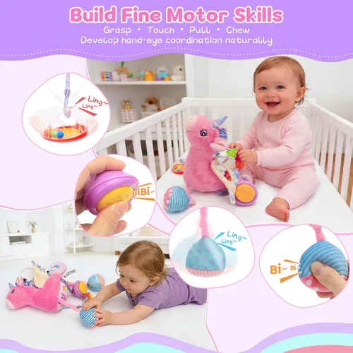 Vista 5 de Asiento de coche y cochecito de juguete para niña, peluche sensorial musical con sonajero y espejo, juguetes para bebés de 0 a 12 meses, juguetes